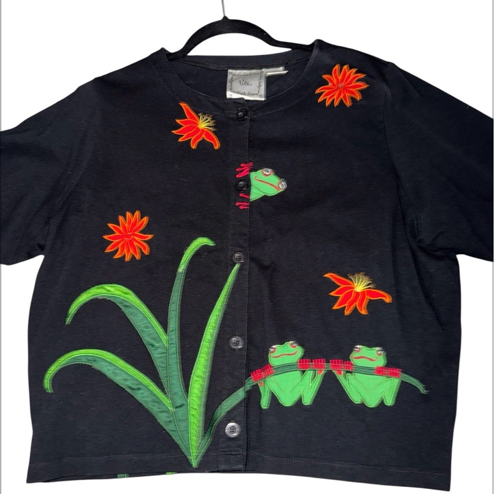 Michael Simon Black Cardigan with Green and Orange Design